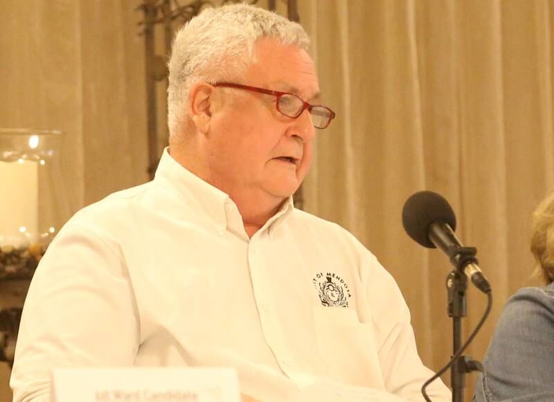 Mendota 1st Ward candidate James Fitzpatrick speaks during a candidate forum on Tuesday, March 11, 2025 at the Mendota Civic Center. The event was put on by the Mendota Chamber of Commerce.