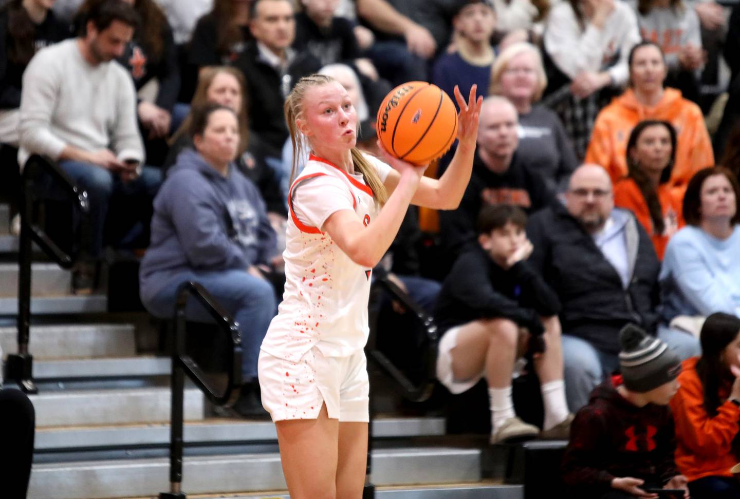 St. Charles East's Brooklyn Schilb shoots three points during a Class 4A St. Charles East Sectional semifinal against Glenbard West on Tuesday, Feb. 25, 2025 in St. Charles.