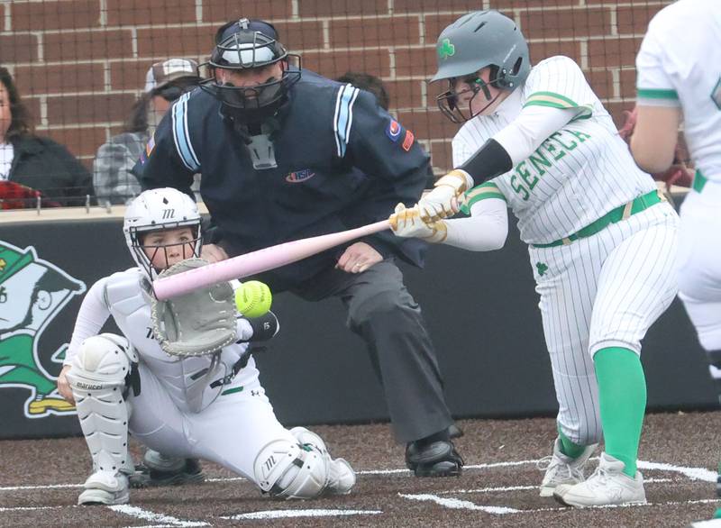 Seneca's Camryn Stecken strikes out swining against Geneseo on Thursday, March 12, 2026 at Seneca High School.