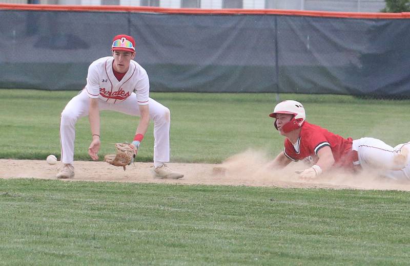 Ottawa's Colt Bryson catches a late throw to second base as Streator's Isaiah Weibel steals the bag during the Class 3A Regional semifinal game on Thursday, May 29, 2025 at Pontiac High School.