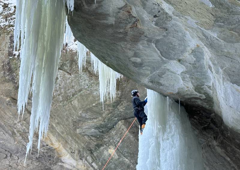 Jole Taylor of Tulsa Okla. formally of Monee, climbs a 35-foot frozen waterfall in Ottawa Canyon at Starved Rock State Park on Friday, Jan. 19, 2024 in Starved Rock State Park. The waterfalls tend to freeze for a brief time during January at the State Parks.  Climbers need to sign in & out at the front of the Park Maintenance Building across from the Visitor Center. Climbing is only allowed in 4 canyons at the park.