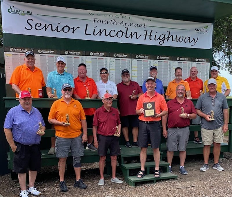 Pictured are flight winners of the Fourth Annual Lincoln Highway Senior Golf Tournament. Back Row (left to right) Flight 8 Winner Bill Wohrley Sunset, Flight 7 Winner David Walker Indian Oaks, Flight 6 Winner Cary Bennett Sunset, Flight 5 Winner Mike Batten Deer Valley, Flight 4 Winner John Klausen Shady Oaks, Flight 4 winner Keith Haag Indian Oaks, Flight 2 Winner Jeff Johnson Sunset, Brian Weidman Sunset Best Against Bogey, Flight 1 Winner Johnny Miller Emerald Hill.

Front Row (left to right) Flight 4 Runner-up Mickey Crystal Fairways, Flight 5 Runer-up Mike Tremaine Sunset, Jim Larking Super Senior Best against Bogey, Medalist Rick Koehler Indian Oaks, Flight 2 Runner-up Dan Koch Shady Oaks, Flight 1 Runner-up Todd Nelson Deer Valley.