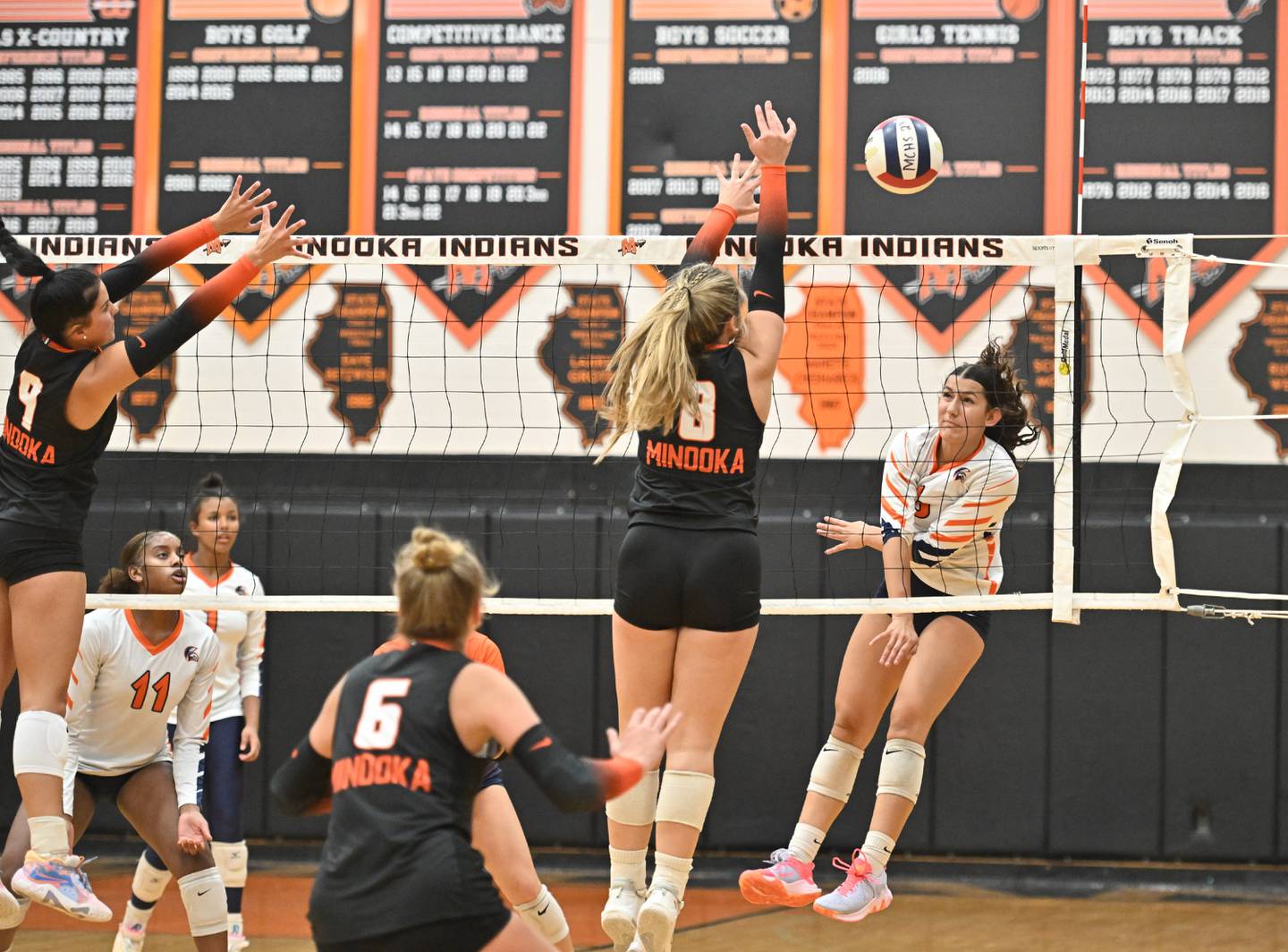 Romeoville's Lianna Ortiz attempts a kill shot during a conference game against Minooka on Tuesday, Oct. 03, 2023, at Minooka. (Dean Reid for Shaw Local News Network)