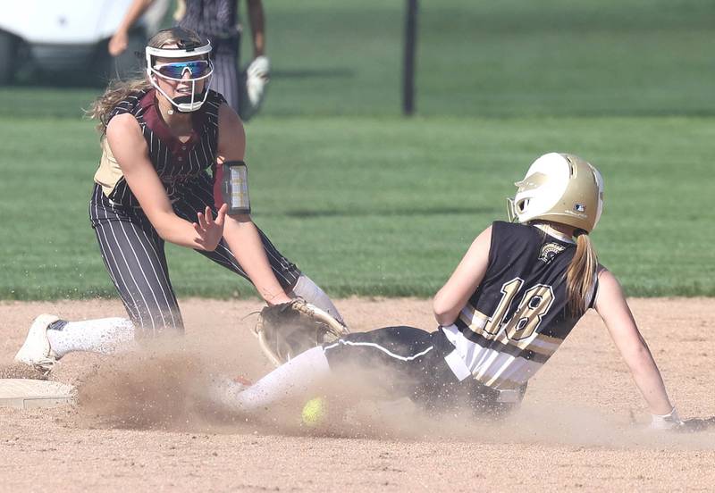 Sycamore's Addison McLaughlin slides safely into second with a stolen base as Morris' Addison Stacy takes the throw during their game Wednesday, May 10, 2023, at Sycamore High School.