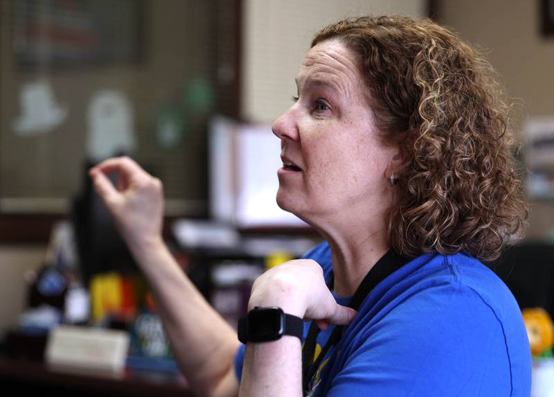 Tracy Beling, a reading specialist at Lincoln Elementary School, talks Friday, March 21, 2025, at the school in DeKalb, about her experience at a winter educators conference in Alaska where she learned about the Iditarod dog sled race held annually there. Beling, along with Cristal Egel, a media center assistant at the school who also attended the conference, were able to bring back what they learned to set up curriculum related to the race.