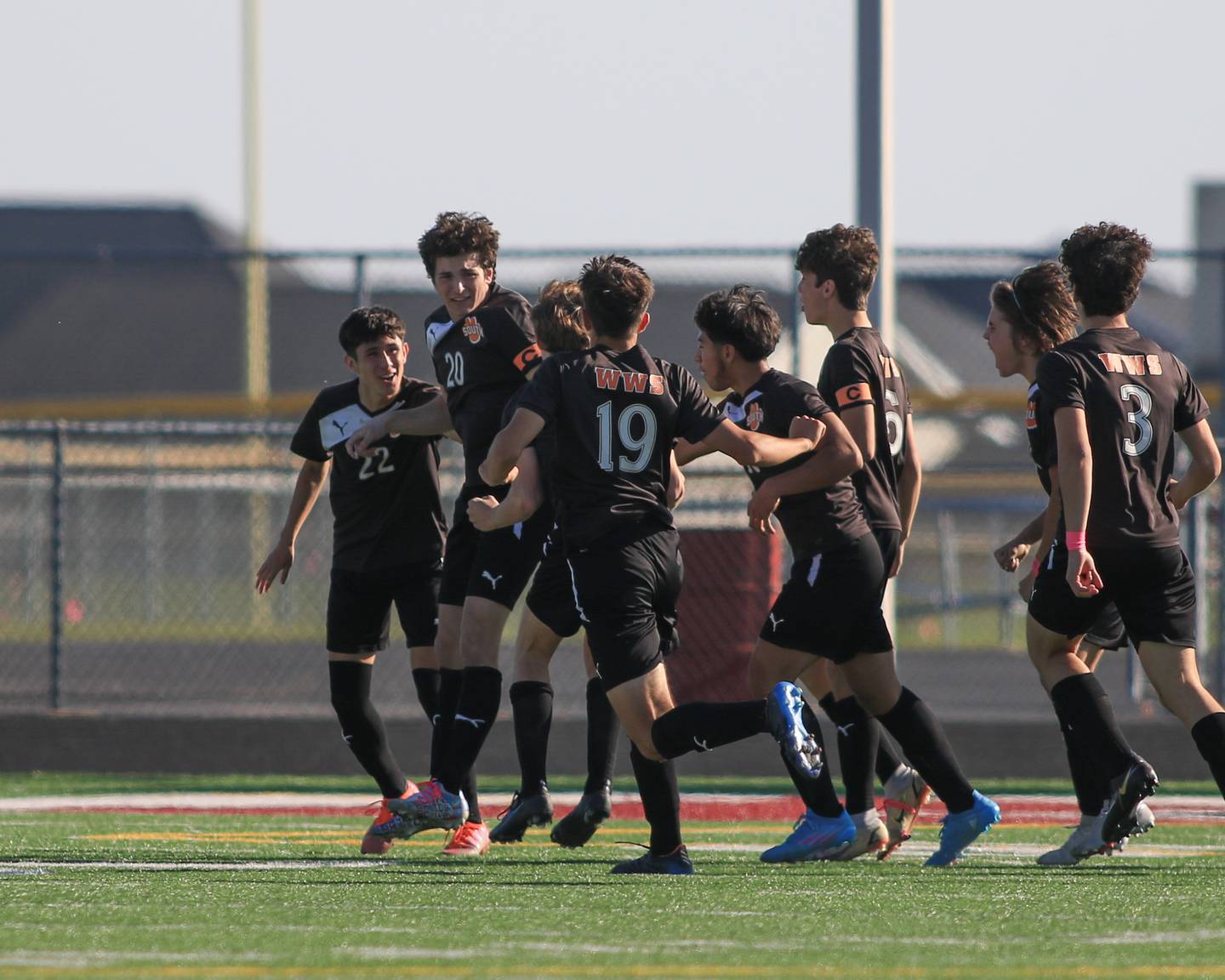Wheaton Warrenvile South celebrates their first half goal during the Class 3A Plainfield North Regional final game between Oswego and Wheaton Warrenville South. Oct 22, 2022