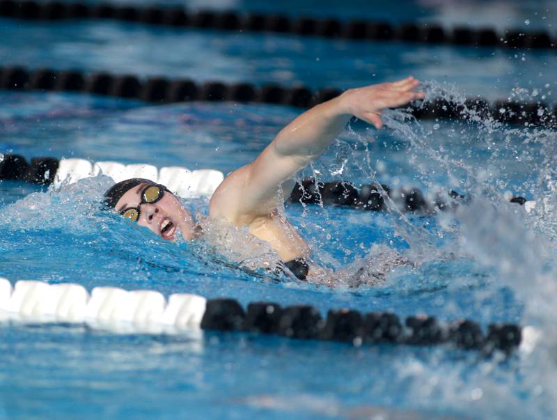 Rosary’s Becky Rentz swims the 200-yard freestyle championship heat during the IHSA Girls State Swimming and Diving Championships at the FMC Natatorium in Westmont on Saturday, Nov. 11, 2023.