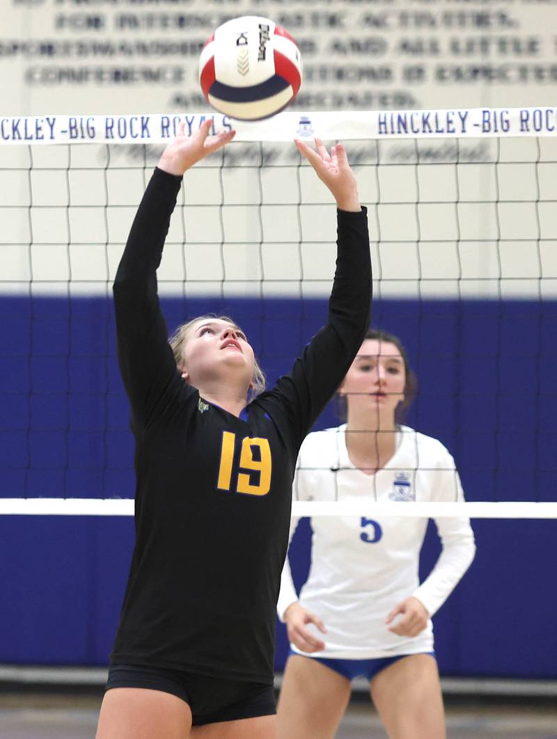 Somonauk's Riley Snider sets the ball during their match Thursday, Sept. 15, 2022, at Hinckley-Big Rock High School.