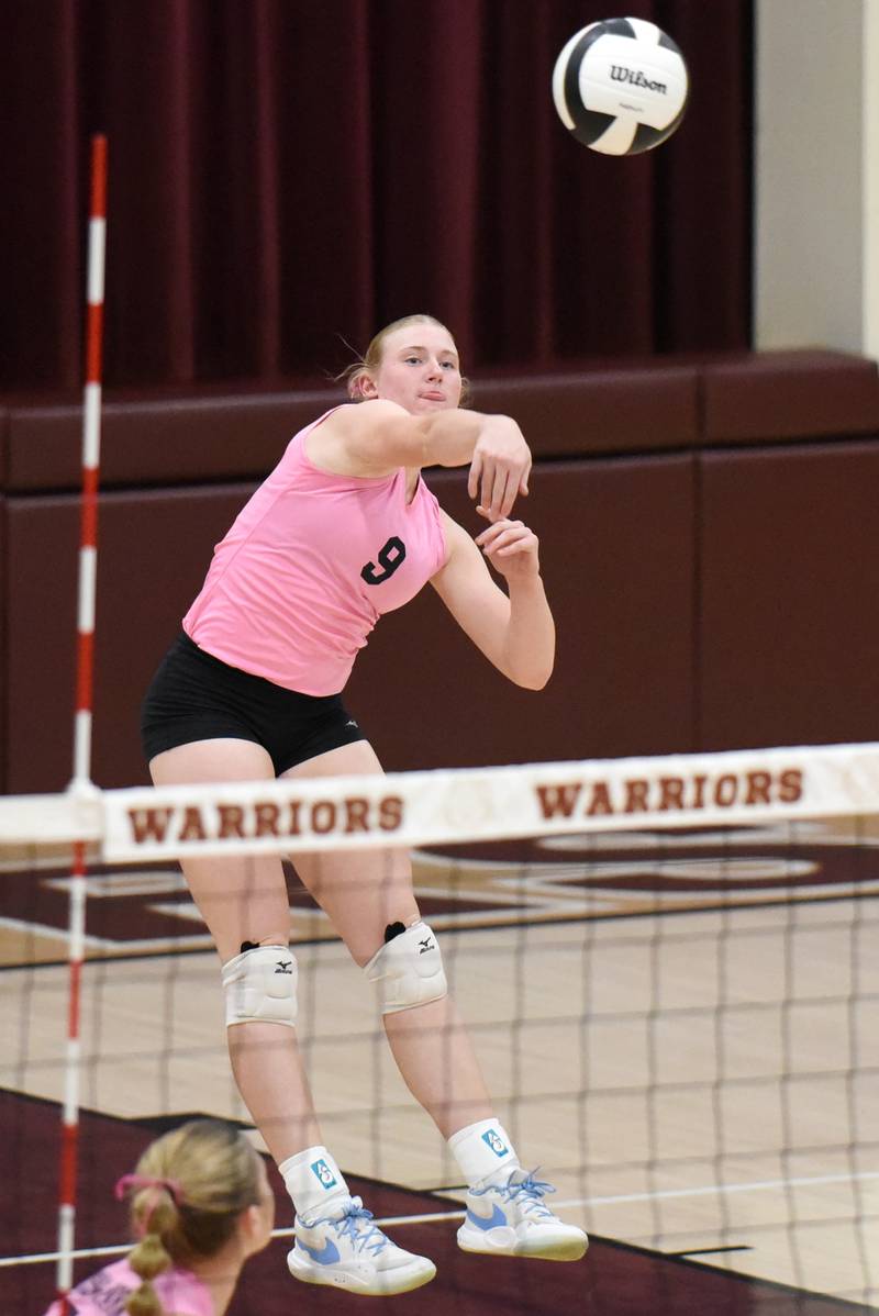 Cissna Park's Addison Lucht sends the ball over the net during a game at Watseka Tuesday, Oct. 21, 2025.