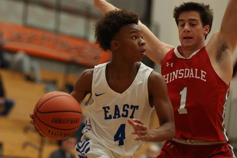 Lincoln-Way East’s BJ Powell looks to make a play against Hinsdale Central in the Lincoln-Way West Warrior Showdown on Saturday January 28th, 2023.