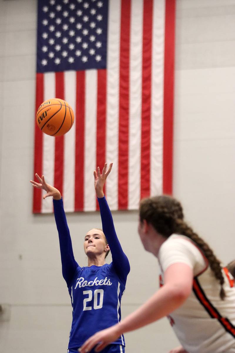 Burlington Central’s Ainsley Wilson launches a free throw against Crystal Lake Central in IHSA Class 3A Regional Title Game girls basketball action on Thursday, Feb. 20, 2025, at  Central High School in Burlington.