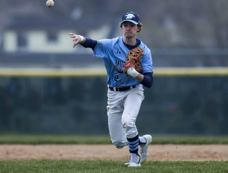 Downers Grove South’s Thomas Willard throws the ball to first base for an out against Willowbrook during a game in Downers Grove on Tuesday, April 5, 2022.