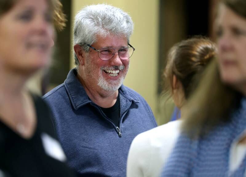 Charles “Chuck” Rose, Democratic candidate in the race for DeKalb County State's Attorney smiles as he greets supporters Tuesday, Nov. 5, 2024, at the election night watch party at Faranda’s in DeKalb.