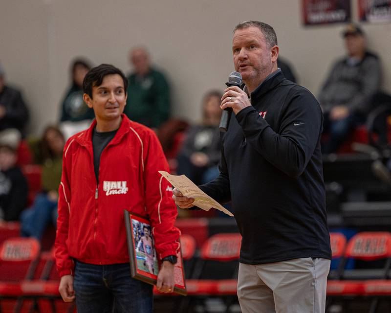 Tom Keegan inducts Al Baldonado into the 2026 Hall High School Hall of Fame on Saturday, January 31, 2026 at Hall High School in Spring Valley.