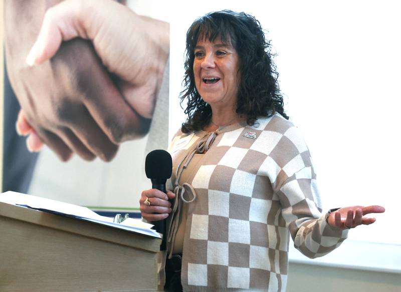 Lena DiPirro, from Blain’s Farm & Fleet of Sycamore, speaks after Farm & Fleet was named the Outstanding Business award winner during the Sycamore Chamber of Commerce Annual Meeting Thursday, March 6, 2025, at St. Mary's Catholic Church in Sycamore.