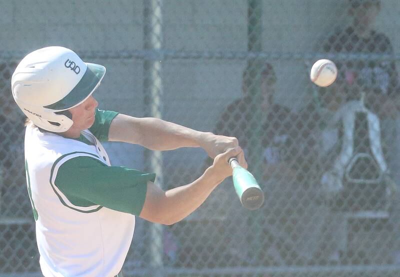 St. Bede's Ryan Slingaby smacks a hit against Princeville during the Class 1A Regional semifinal game on Friday, May 17, 2024 at St. Bede Academy.