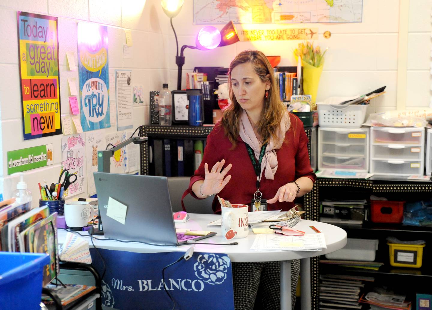 Victoria Garcia Blanco talks with a teacher in Spain Wednesday, May 18, 2022, while teaching a fifth-grade dual language class at Coventry Elementary School in Crystal Lake. Garcia Blanco, a native of Spain, organized the exchange to connect Coventry dual language students with students from Colegio Sagrado Corazón de Jesús Vedruna, the school in Spain where she previously taught.