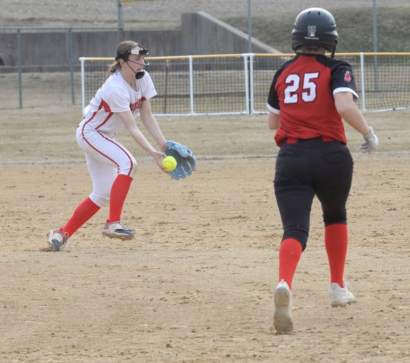 Oregon shortstop Ella Dannhorn fields a ground ball and prepares to toss it to second for an out against Amboy on Tuesday, March 18, 2025 at Oregon Park West.