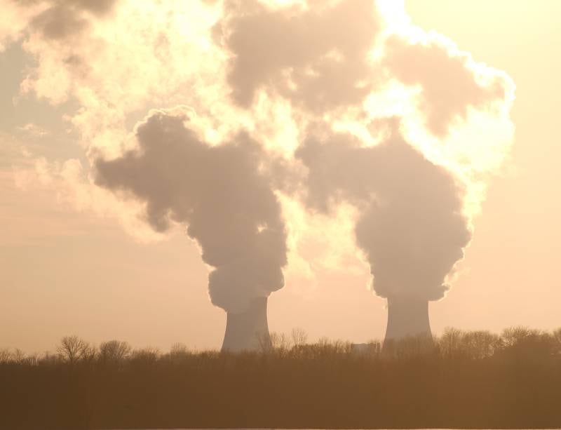 Steam rises from the two cooling towers at Exelon's nuclear power plant on German Church Road, between Oregon and Byron.