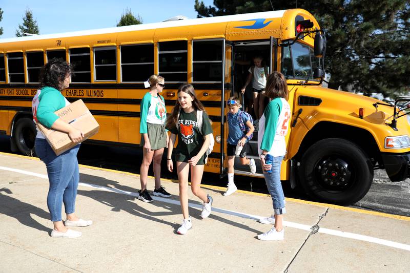 Students arrive for the first day of school at Fox Ridge Elementary School in St. Charles on Wednesday, Aug. 14, 2024.