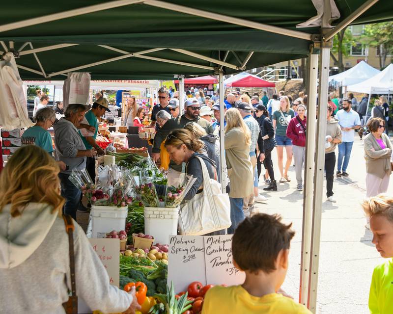 Community members pick up fresh produce on Saturday May 31, 2025, during the Farmers Market held at the Main Street train station parking lot in Downers Grove.