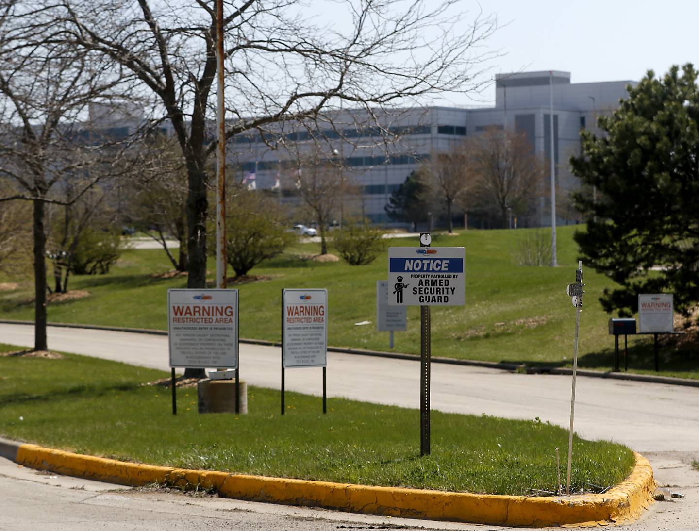 The former old Motorola campus in Harvard on April 27, 2023. Work is being performed to prepare the campus for a new tenant. The building has been empty since 2003. Signs were haver beed placed around the property warning people to stay away.