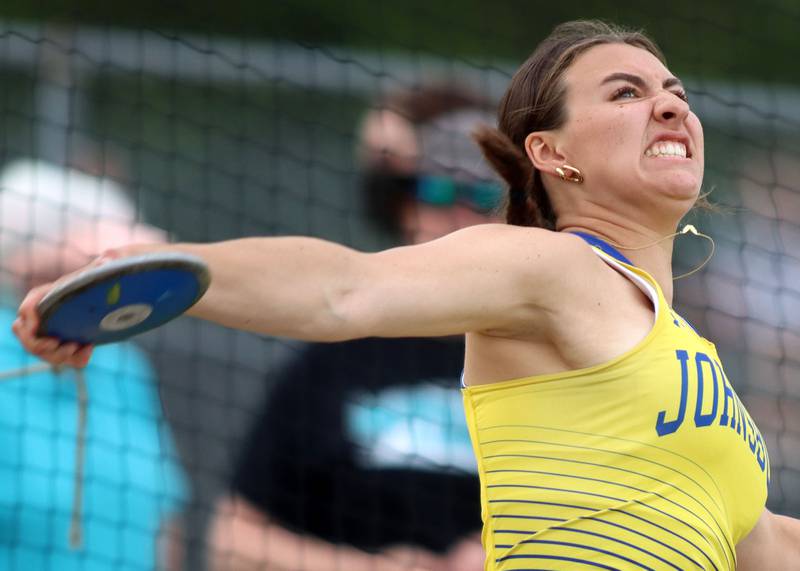 Johnsburg’s Juliana Cashmore competes in the discus in IHSA Class 2A Girls Sectional Track action at Genoa-Kingston School in Genoa on Friday, May 16, 2025.