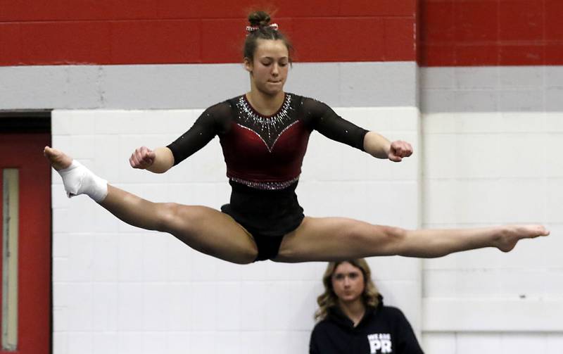 Prairie Ridge’sNora Terhaar competes on the floor exercise during the IHSA Mundelein Gymnastics Sectional on Feb. 13, 2025, at Mundelein High School.