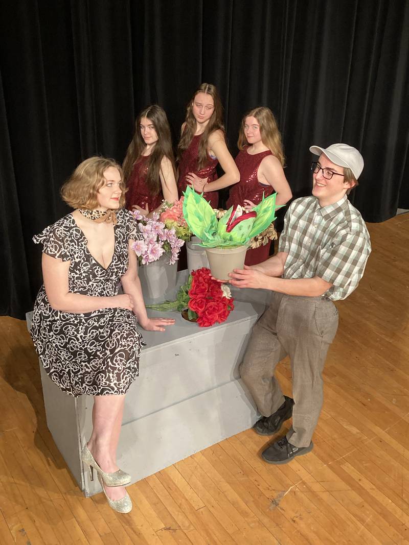 Emma Frost (Audrey), Brayden Schwartz (Seymour), Addison Compton, Jordan VandeVenter, Cameron Adkisson (Crystal, Chiffon, and Ronnette—the Urchins) from the cast of PHS's spring musical Little Shop of Horrors