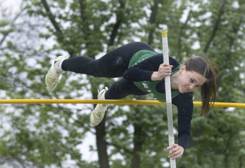 Seneca’s Teagan Johnson clears the bar during the pole vault competition at the girls sectional at Seneca.