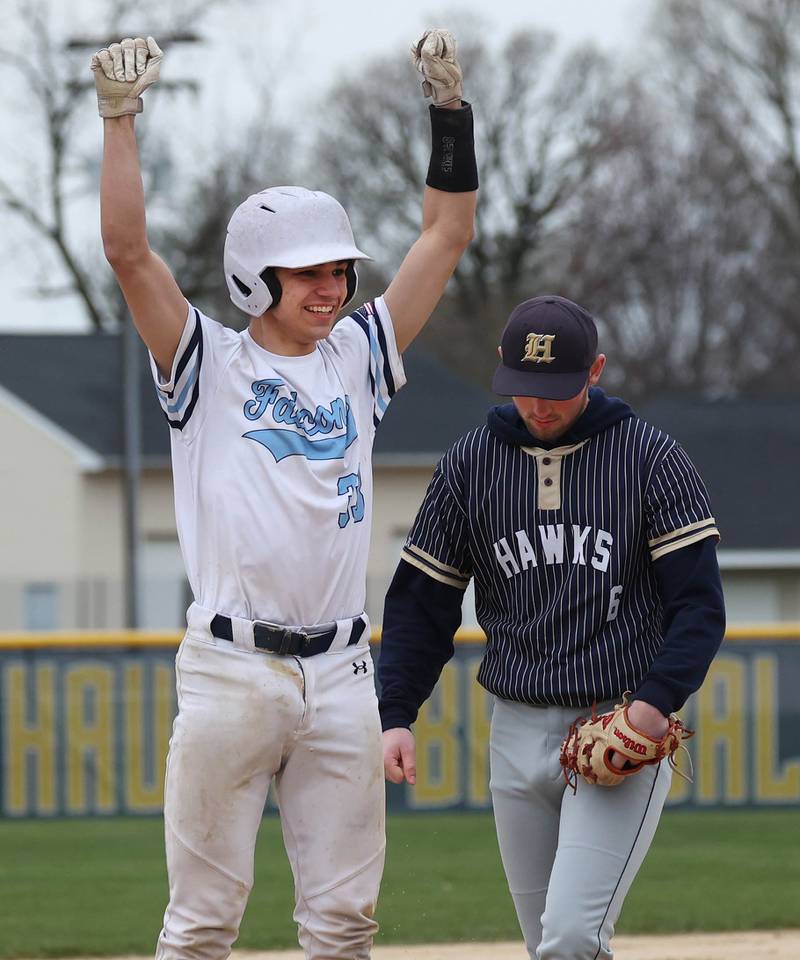 Parkview Christian Academy's James Jefferson celebrates after hitting a triple Thursday, April 17, 2025, during their game at Hiawatha High School in Kirkland.
