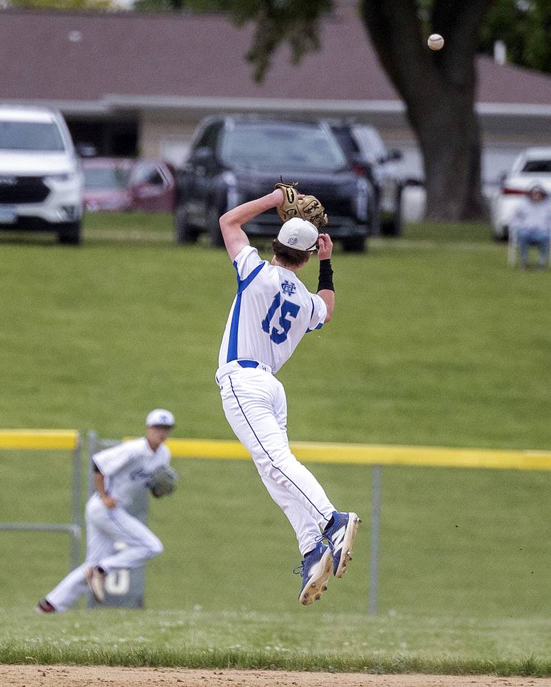 Newman’s Owen Frank leaps but can’t snag the liner against Marengo Wednesday, May 28, 2025, in the Class 2A Sectional semifinal in Mendota.