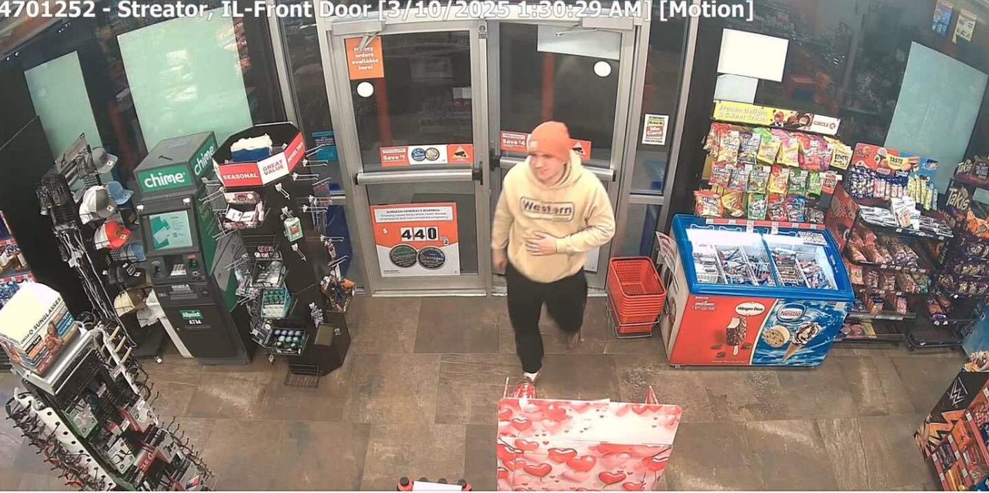 The Streator Police Department is seeking assistance in identifying a suspect of a reported gas station theft.
Police said he entered one of the city’s local gas stations at about 1:30 a.m. Monday and “helped himself to 16 sandwiches,” which he left without paying.