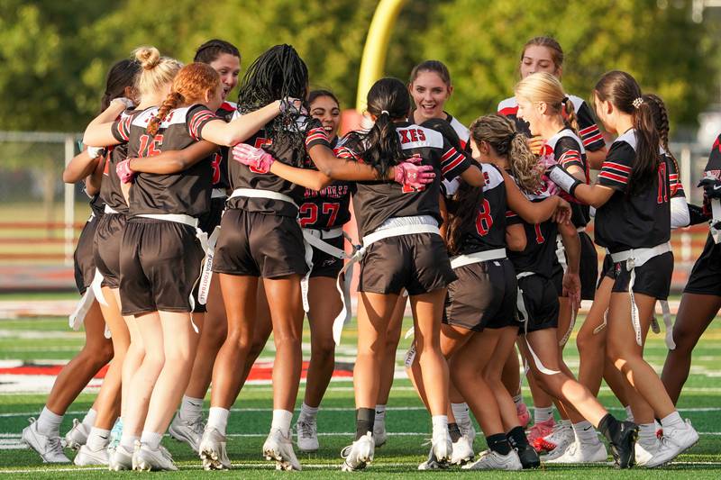 Yorkville celebrates after defeating Joliet Central in a flag football game at Yorkville High School on Monday, Sep 23, 2024.