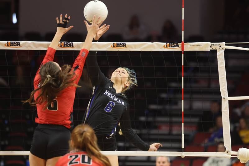 Newman’s Jess Johns powers a shot against Norris City-Omaha-Enfield in the Class 1A 3rd place match on Saturday in Normal.