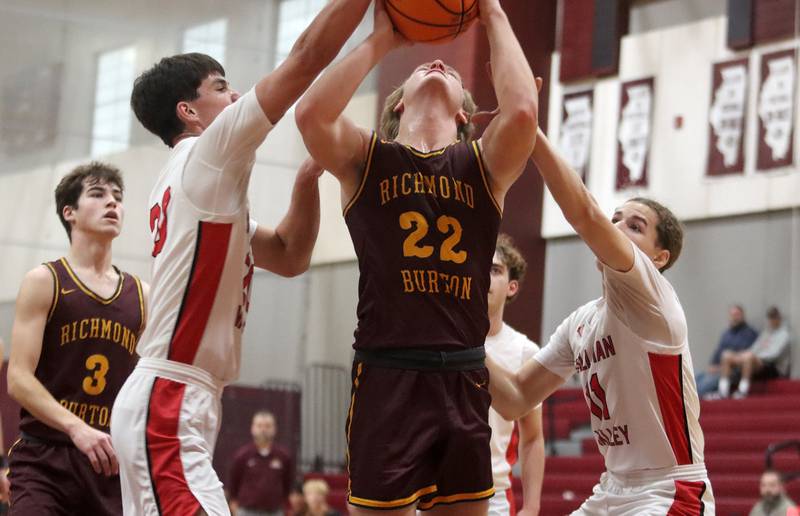 Richmond-Burton’s Ryan Wisniewski works under the hoop against Stillman Valley during 74th Annual E.C. Nichols Holiday Classic varsity boys basketball tournament action on Saturday, Dec. 28, 2024 at Marengo High School in Marengo.