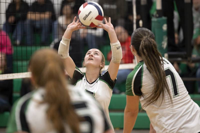 Rock Falls' Miley Bickett sets the ball against Riverdale Tuesday, Oct. 28, 2025, in the Class 2A regional semifinal at Rock Falls.
