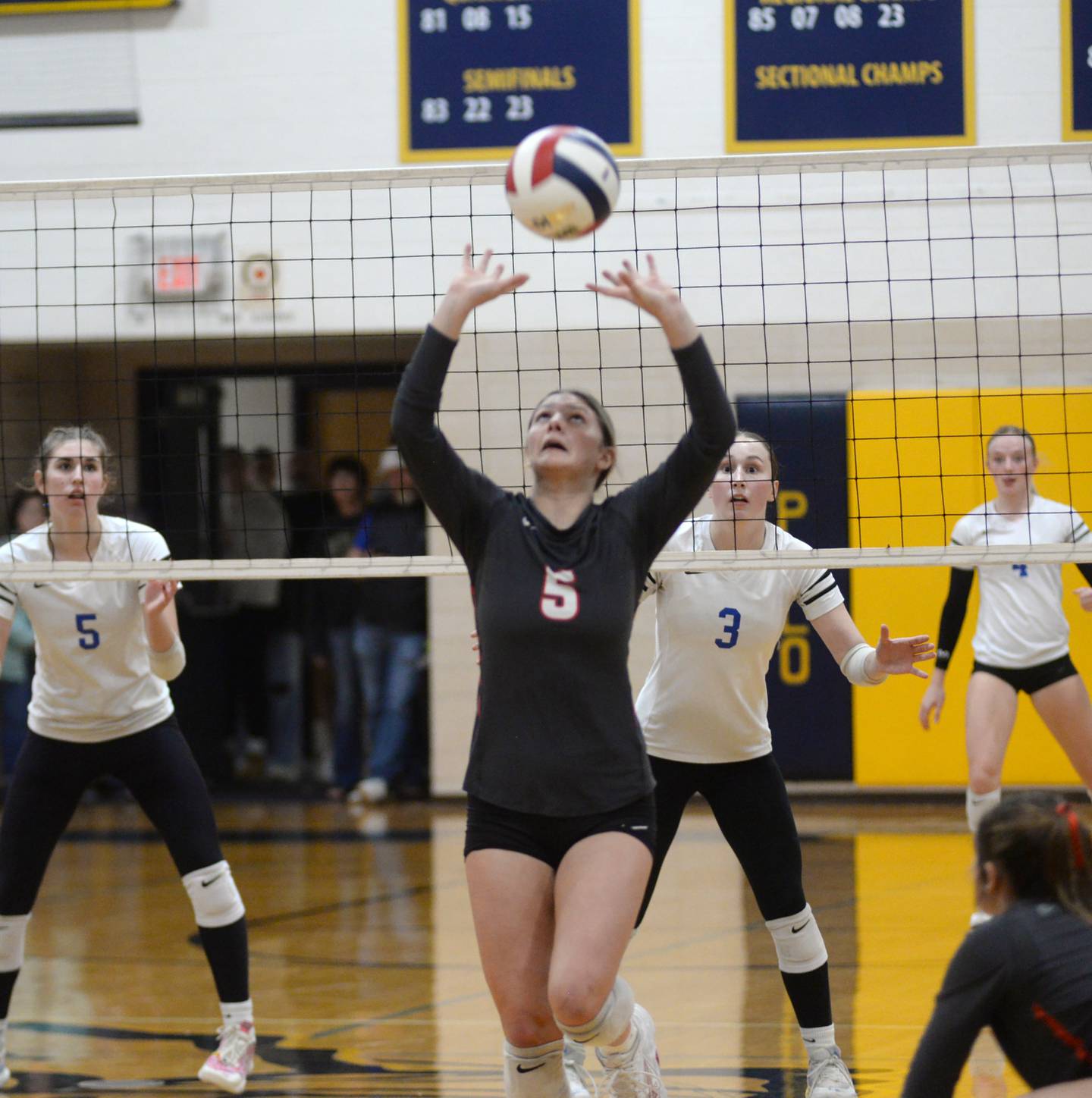Fulton's Miraya Pessman (5) sets the ball against Galena during 1A action at the Polo Sectional on Tuesday, Nov. 5, 2024 at Polo High School.