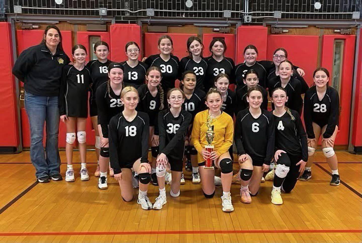 The Putnam County Junior High seventh-grade volleyball team won the Jan Dale Marseilles Tournament . Team members are (front row, from left)  Mylee Christiansen, Shelby Willard, Jolene Poole, Chloe Christiansen and Jaylyn Dickey; (second row) Murphy Hopkins, Anni Judd, Anahi Avila, Sophie Sheppard, Natalie Guadina, Lillian Bouxsein and Arianna McMullen; and (back row) Coach Shannon Jenkins, Savanna Grasser, Avery Lenkaitis, EliMae Glynn, Kenzie Pierski,  Brooklyn McCart, MaKenna Goulding, Izzy Bartolucci and Bella Sondgeroth.