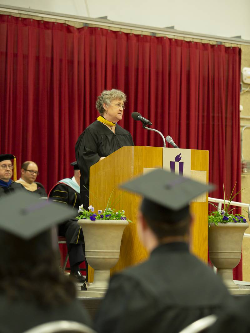 Illinois Valley Community College alumnus Dr. Holly Novak delivers the keynote address Saturday, May 14, 2022, during the school's commencement.