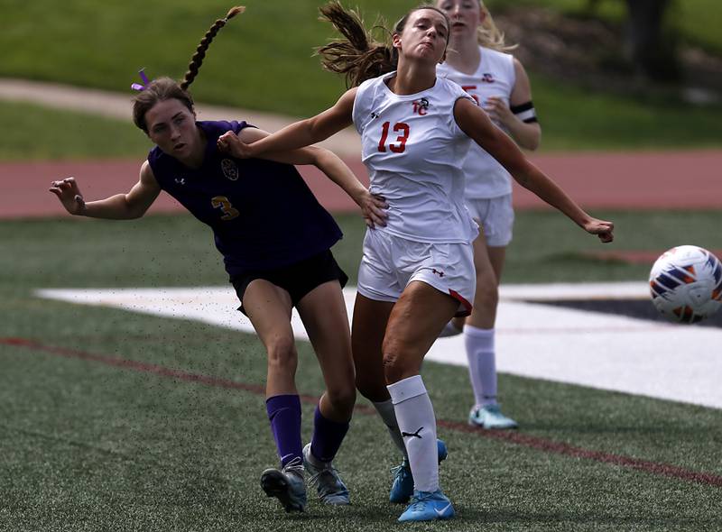 Williamsville's Kendyl Mirabile and Timothy Christian's Mackenzie Laslo collide going for the ball in the IHSA Class 1A State Girls Soccer third-place match on Friday, June 6, 2025, at North Central College in Naperville.