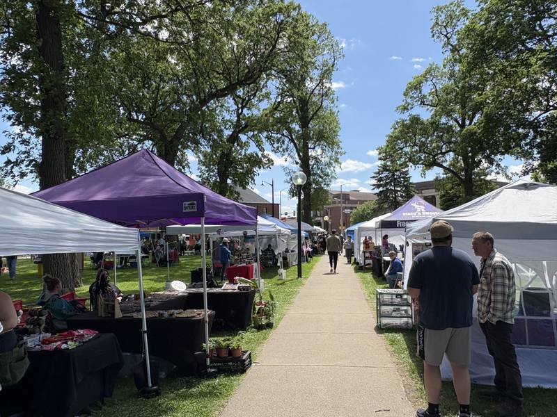 Vendor tents line the sidewalk as visitors browse during the Streator Food Truck Festival on Saturday, May 17, at City Park.