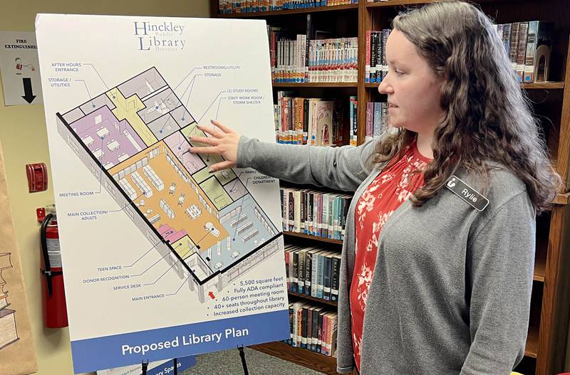 Rylie Roubal, Hinckley Public Library District director, talks Thursday, April 27, 2023, about the proposed renovation plans for the new library in a larger space than they have in their current location. The hope is to move into a building that was recently donated to the library district that needs major renovation. The project has received $750,000 in federal funding and is hoping to receive another grant this year.