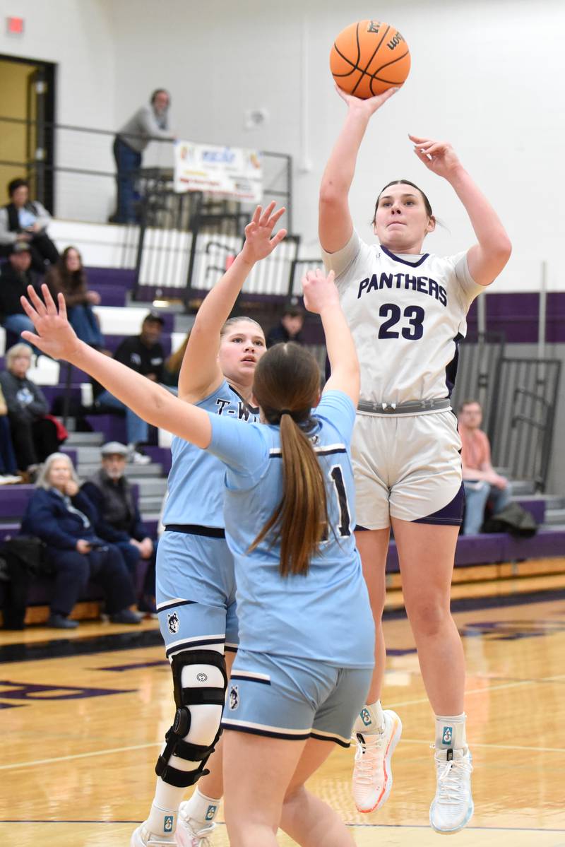 Manteno's Maddie Gesky takes a shot during a home game against Cissna Park Monday, Jan. 19, 2026.