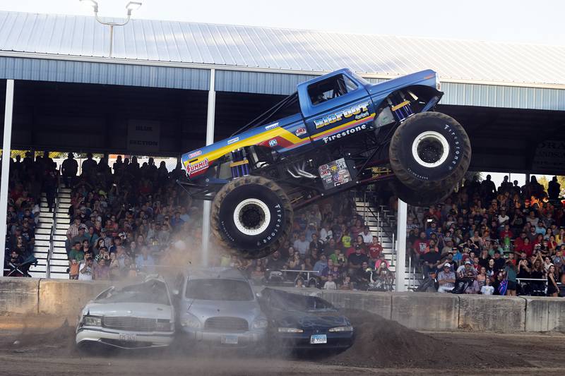 Bigfoot driver Roger Gauger goes airborne Thursday, August 17, 2023 during the Full Throttle Monster Truck show at the Whiteside County Fair.