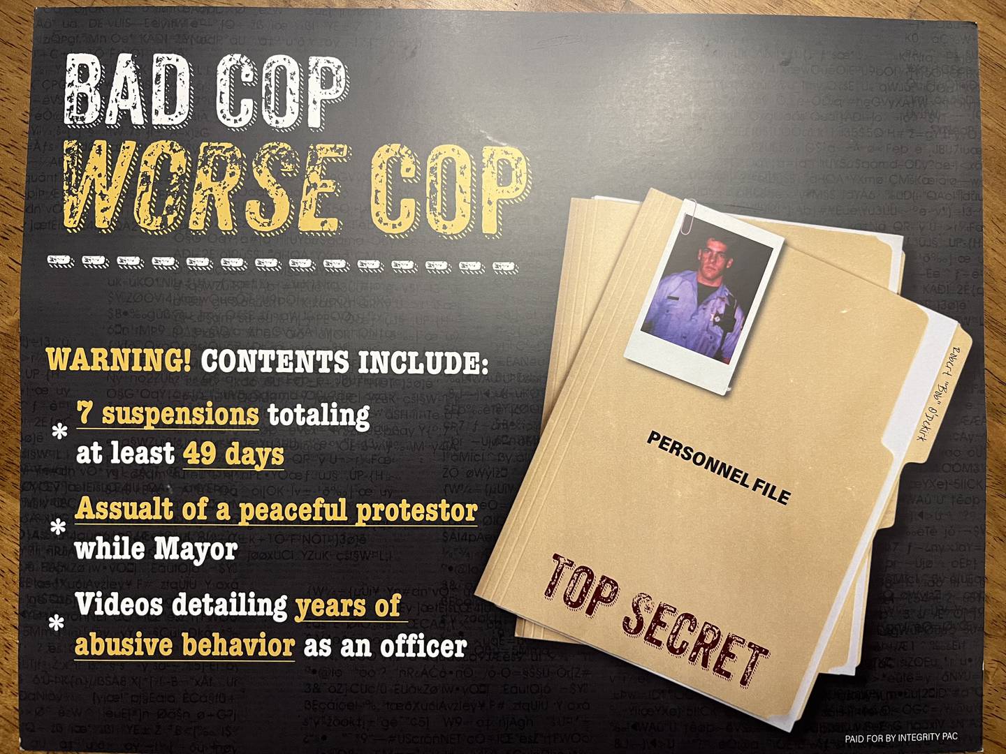 A mailer sent by Integrity PAC highlights seven suspensions Joliet Mayor Bob O’Dekirk received as a Joliet police officer and a 2020 incident in which the mayor got in a scuffle with two protesters at a Black Lives Matter rally.