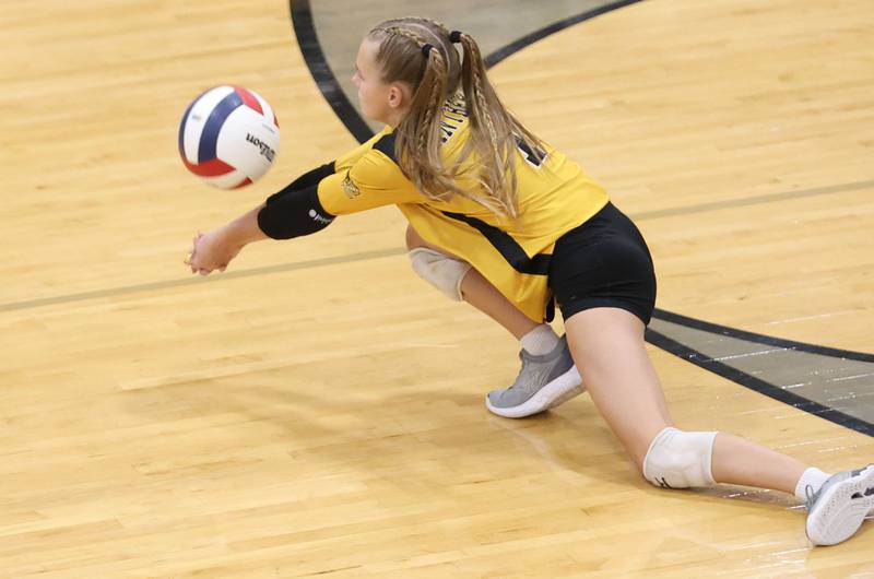 Putnam County libero Sarah Wiesbrock digs a serve from Orion during the Class 1A Regional final on Thursday, Oct. 30, 2025 at Putnam County High School.