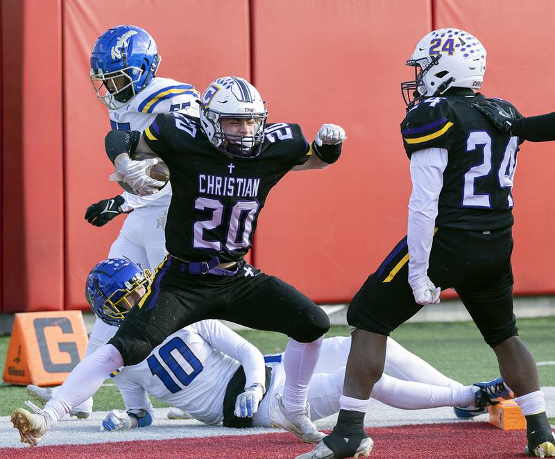 Chicago Christian's Kenny Jager celebrates a touchdown against Maroa-Forsyth Friday, Nov. 29, 2024, in the class 2A football state final.