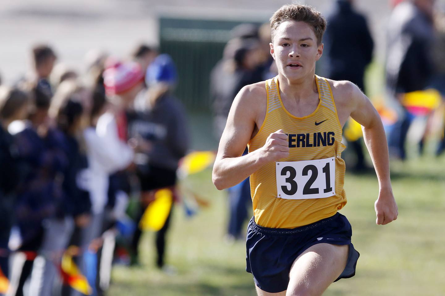 Sterling's Dale Johnson heads for the finish line to place third during the boys Class 2A Woodstock North XC Sectional at Emricson Park on Saturday, Oct. 30, 2021 in Woodstock.