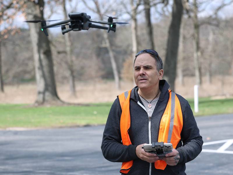 Anthony Tortoriello, of DeKalb, flies his drone Monday, April 6, 2026, at Hopkins Park in DeKalb.